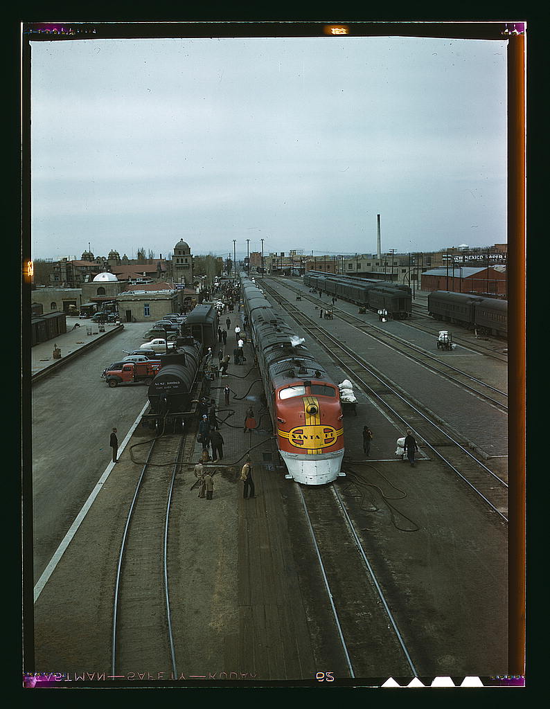 Santa Fe R.R. streamliner, the Super Chief being serviced at the depot, Albuquerque, New Mexico.jpg