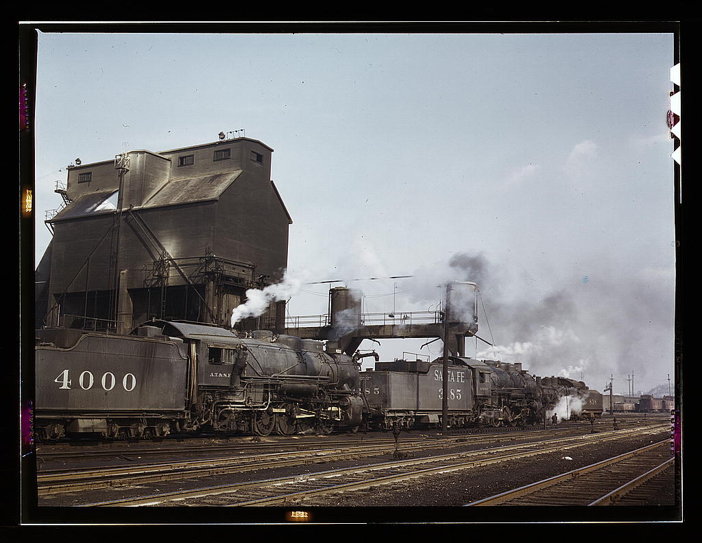 Servicing engines at coal and sand chutes at Argentine yard, Santa Fe R.R., Kansas City, Kansas.1943.jpg