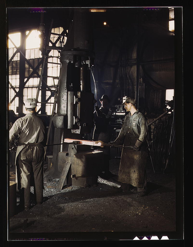 Working with a small steam drop hammer at the blacksmith shop in the Santa Fe R.R. shops, Topeka, Kansas.jpg