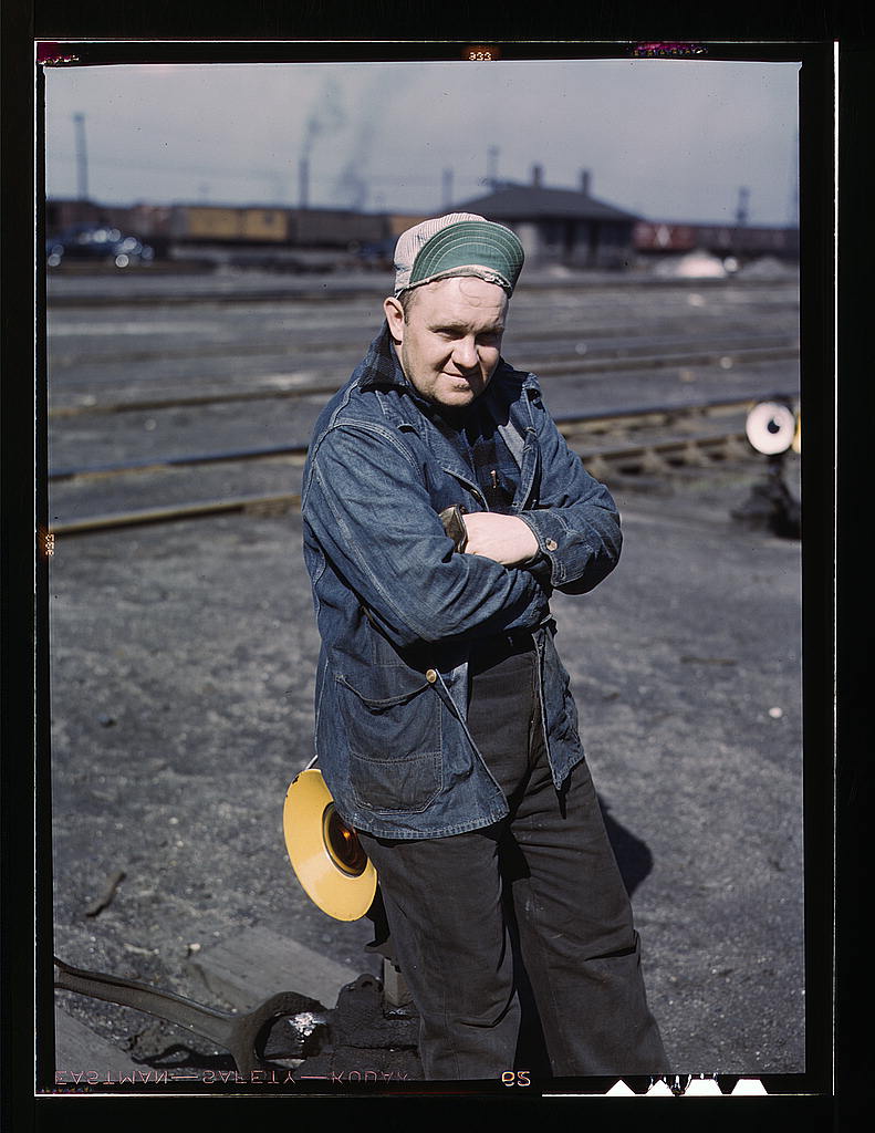 A.S. Gerdee, of 3251 Maypole Street, working as a switchman at Proviso yard of C & NW RR, Chicago, Ill.jpg
