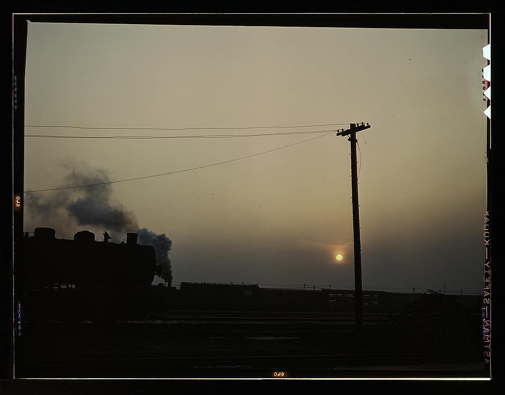 View in a departure yard at C & NW RR's Proviso yard, at twilight, Chicago, Ill .jpg