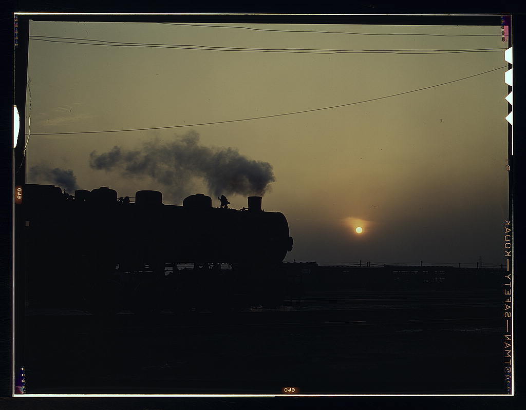 View in a departure yard at C & NW RR's Proviso yard, at twilight, Chicago, Ill.jpg