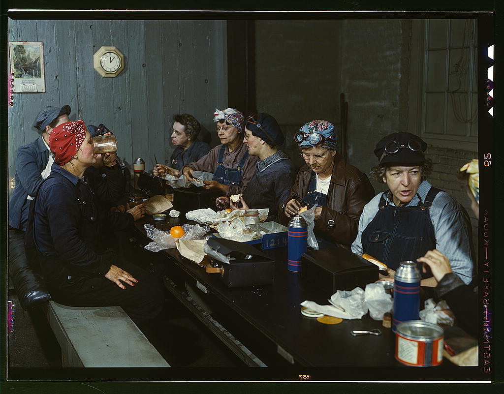Women workers employed as wipers in the roundhouse having lunch in their rest room, C. & N.W. R.R., Clinton, Iowa.jpg